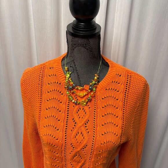 LL Bean Signature Cable Knit Sweater Womens Size Medium Orange Fisherman Tunic - Picture 2 of 8